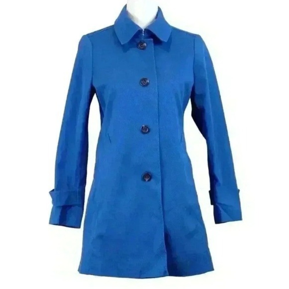 Ann Taylor‎ Cobalt Blue Canvas Car Coat Button Front Cuffs Collar Size XS Petite
